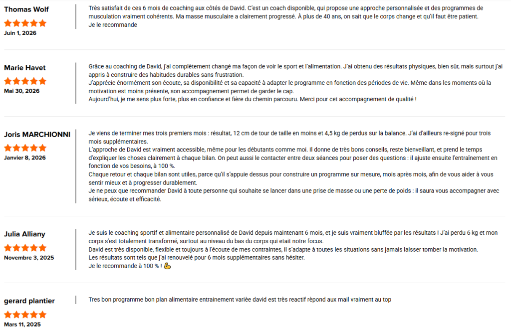 resultat avis experience coaching en ligne distance musculation prise de muscler perte de gras homme David costa coach